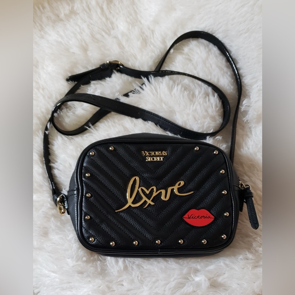 Victoria's Secret Black Crossbody LOVE with Gold and Red Accents